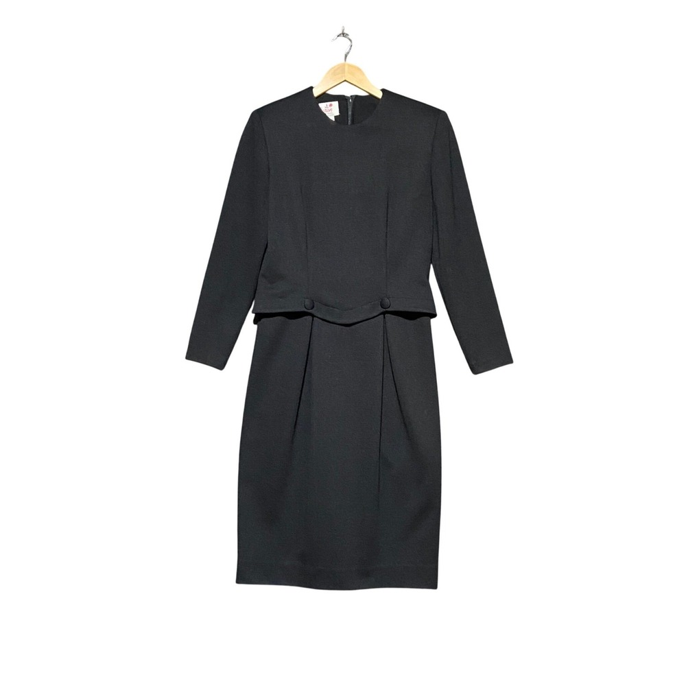 Caron Chicago Vintage Black Long Sleeve Sheath Dress Size 8 Button Waist Detail